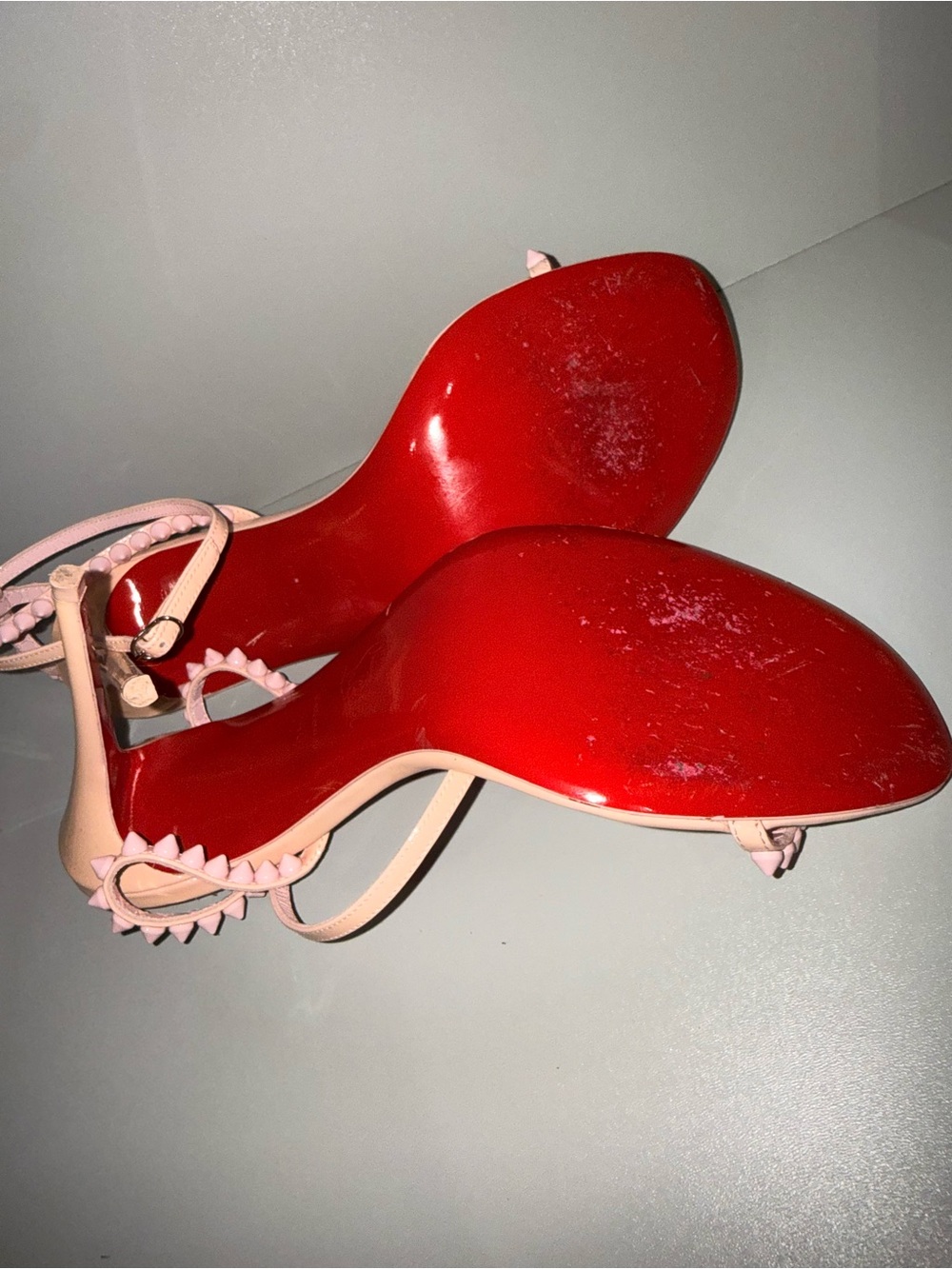 Christian Louboutin Blush Pink Spike-Trim Slingback Heels - Picture 3 of 4